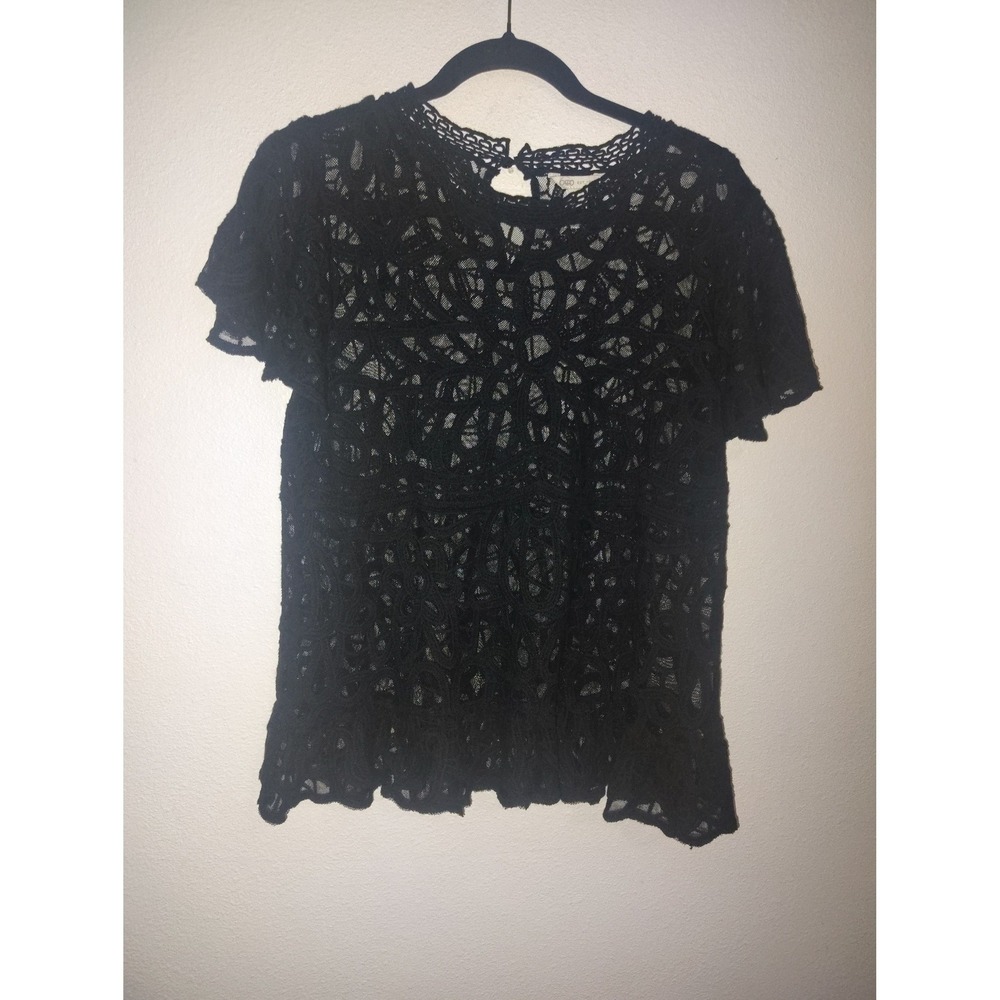 Cato Womens Black Lace Crochet Medallion Short Sleeve Top Keyhole Back Size L
